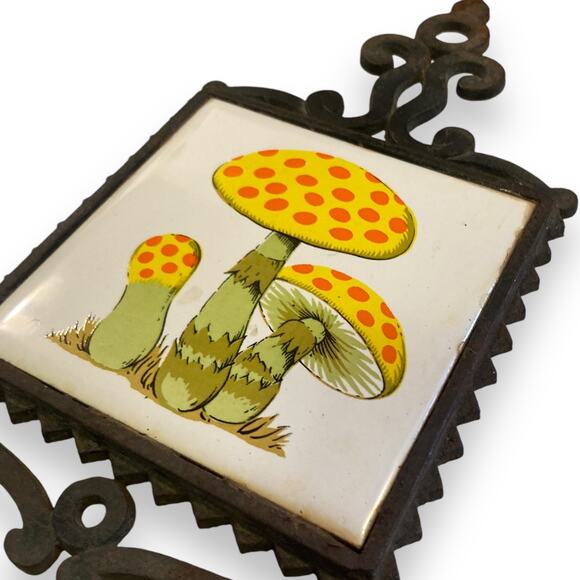 Vintage 70s White Tile Black Cast Iron Yellow Orange Mushrooms Wall Art Trivet - Picture 4 of 16